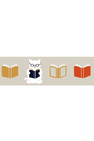 Decorative tape with a cat wearing glasses and reading books on a beige background