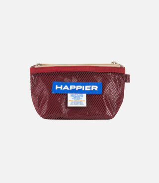 Burgundy pouch with 'Happier' label on a white background