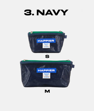 Two navy blue pouches with 'Happier' branding on a white background