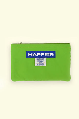Green pouch with 'Happier' branding on a white background