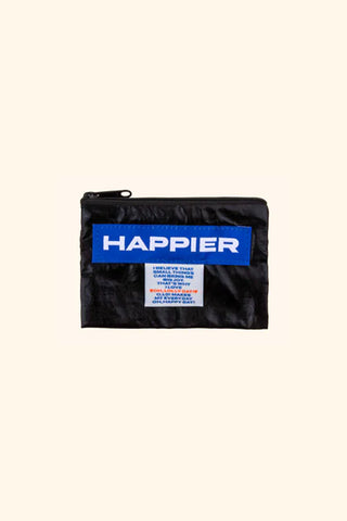 Black pouch with 'Happier' branding on a beige background