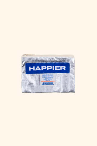 silver pouch with 'Happier' branding on a white background