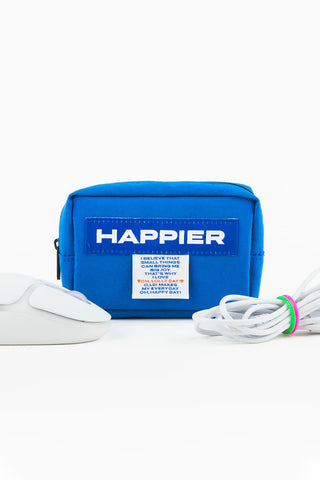 Blue pouch with 'Happier' branding on a white background