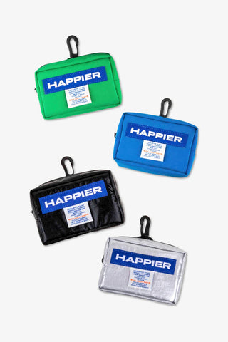 Four small pouches in green, blue, black, and silver with 'Happier' branding on a white background.