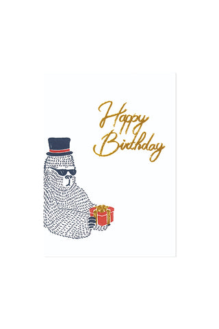 Greeting card with a gorilla holding a gift and 'Happy Birthday' text on a white background
