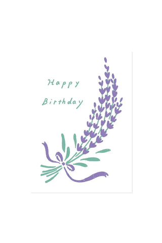 Birthday card with lavender design and 'Happy Birthday' text on a white background
