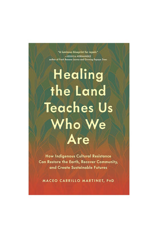 Book cover of 'Healing the Land Teaches Us Who We Are' with green and orange leaf design