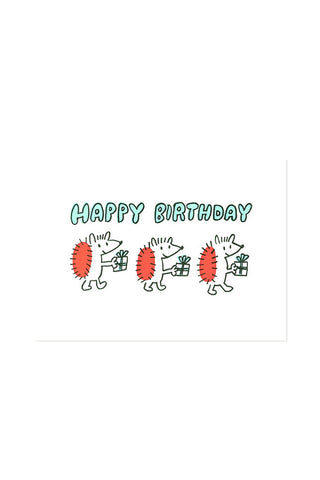 Cartoon illustration of three hedgehogs with presents and 'Happy Birthday' text on a white background