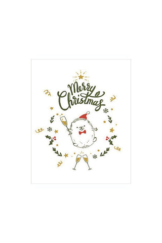 Christmas card with a hedgehog holding a glass of champagne and 'Merry Christmas' text.