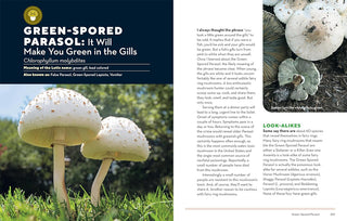 Book page with images of green-spored parasol mushrooms and text about the species.