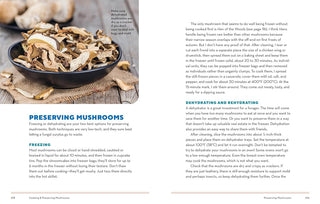 Book page with text on preserving mushrooms, showing a bowl of dried mushrooms.