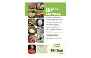 Book cover with images of mushrooms and a text blurb about the book