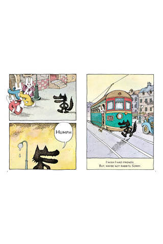 Illustration strip with a wolf and rabbit characters in a street scene.