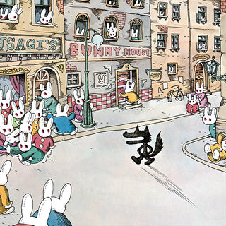 Cartoon scene with bunnies and a wolf on a street in front of a building named 'Usagi's Bunny House'.