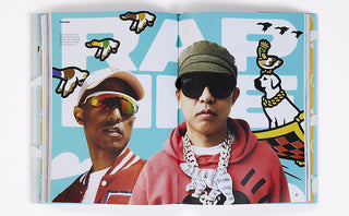 Magazine or book open to a page with two people wearing sunglasses and hats, surrounded by colorful graphics and text.
