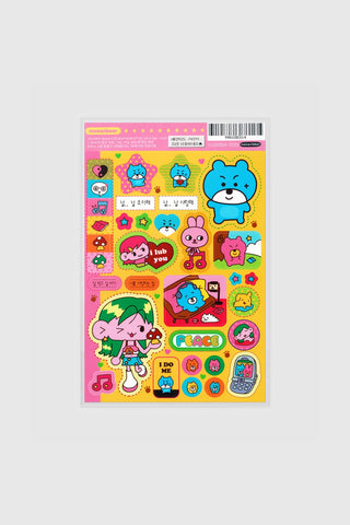 Sheet of colorful stickers with cartoon characters on a white background