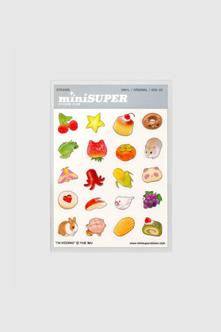 Sheet of miniSUPER stickers with various illustrations on a white background