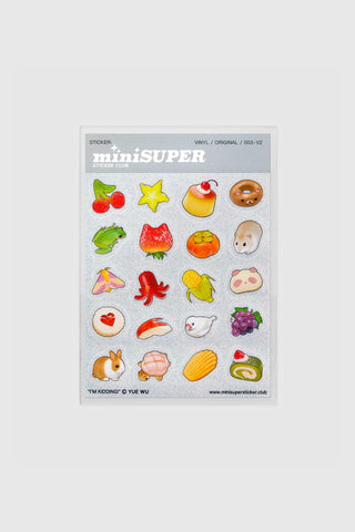 Sheet of miniSUPER stickers with various small illustrations on a white background