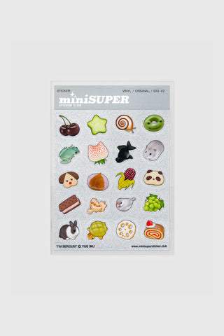 Sheet of miniSUPER stickers with various small images on a white background
