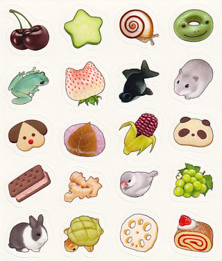 Collection of small illustrations including fruits, animals, and objects on a white background