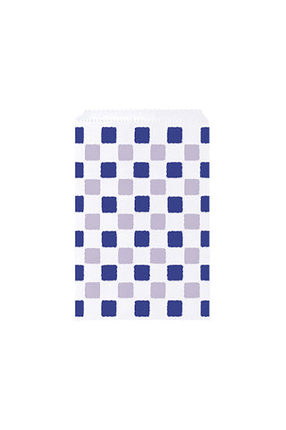 Checkered patterned bags with blue and purple squares on a white background