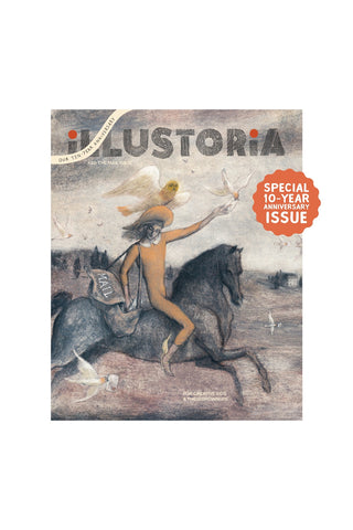 ILLUSTORIA magazine cover featuring a  person riding a dark horse in a landscape carrying a bag that says mail and birds flying around them with mail