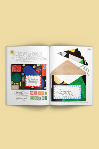Magazine spread showing two pages with colorful envelope artwork and text, photographed against a yellow background.