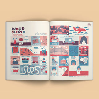 Magazine pages feature colorful travel-themed illustrations and text, including the title 'WORD SLEUTH' showing a comic of delivering a letter