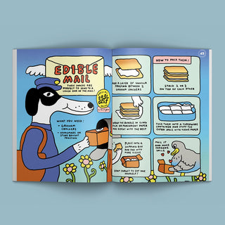 Magazine pages show a cartoon dog dressed as a mail carrier with the title 'EDIBLE MAIL' and several comic panels showing how to make and eat edible mail, with small food illustrations like sandwiches, cookies, and ice cream.
