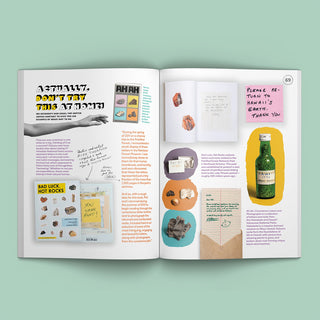 Magazine pages feature a collage of handwritten notes, small photographs, text blocks