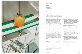 Cocktail on a striped table with text on a white background