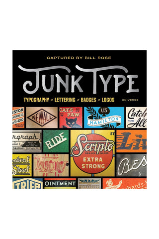 Book cover of 'Junk Type' with various typographic designs and logos on a black background
