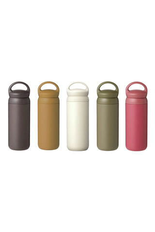 Five colorful water bottles arranged in a row on a white background