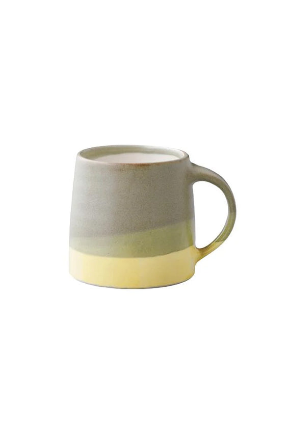 KINTO two-tone coffee mug, moss green with yellow band and side handle
