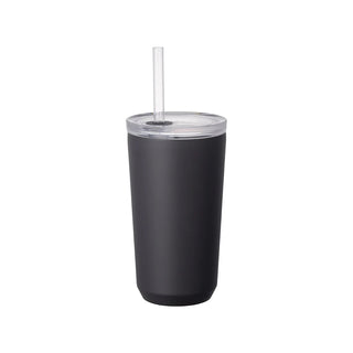 Black tumbler with a clear lid and straw on a white background