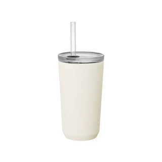 White tumbler with a clear lid and straw on a white background