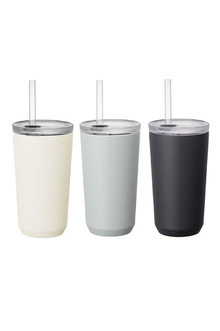 Three insulated tumblers with straws in white, gray, and black on a white background