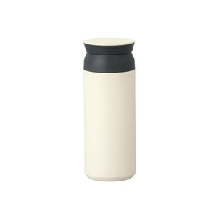 White thermos with black lid on a white background