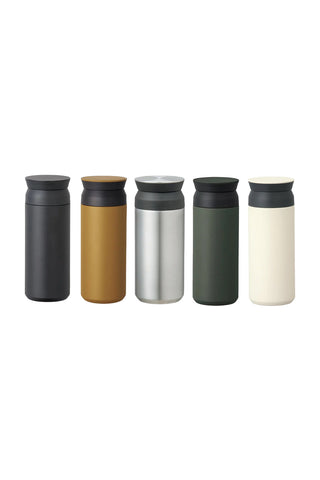 Five insulated travel mugs in different colors on a white background