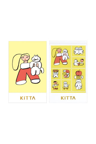 KITTA Washi tape with a yellow background featuring a cartoon girl in red holding a white cat, and one sheet with multiple small cartoon illustrations on a yellow background.