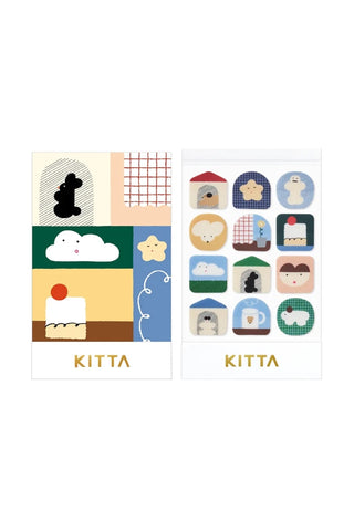 rectangular sticker sheet with cute minimalist illustrations and the word KITTA printed at the bottom, shown on a plain white background.
