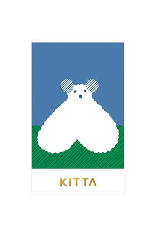Illustration of a fluffy white creature on a blue and green background with 'KITTA' branding.