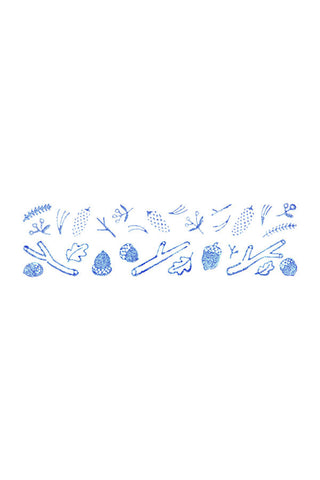 Stamp design with blue ink with different leaves, branches, and nuts