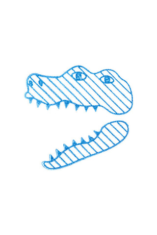 A blue striped design of a crocodile head and mouth with teeth, shown on a plain white background.