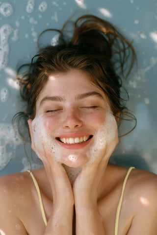 Woman with a smile on her face, surrounded by water droplets.