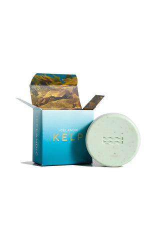 Bar of soap with a blue box labeled 'Icelandic Kelp' on a white background