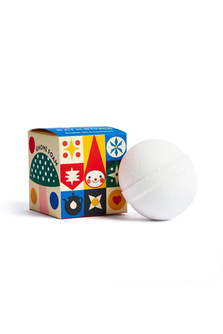 White bath bomb with colorful box featuring cartoon characters on a white background