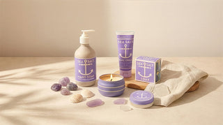 Collection of Sea Salt products including a bottle, cream, soap, and candles on a neutral background.