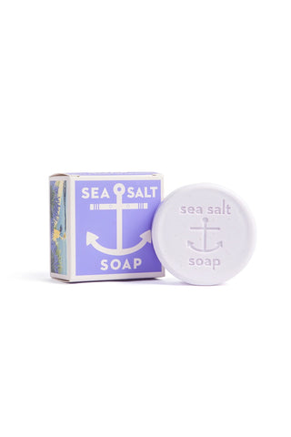 Sea salt lavender soap with packaging on a white background