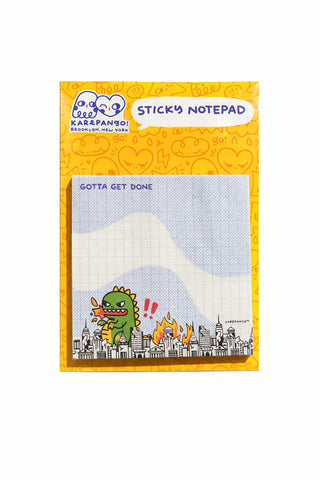 Sticky notes with cartoon dinosaur and cityscape design on a white background